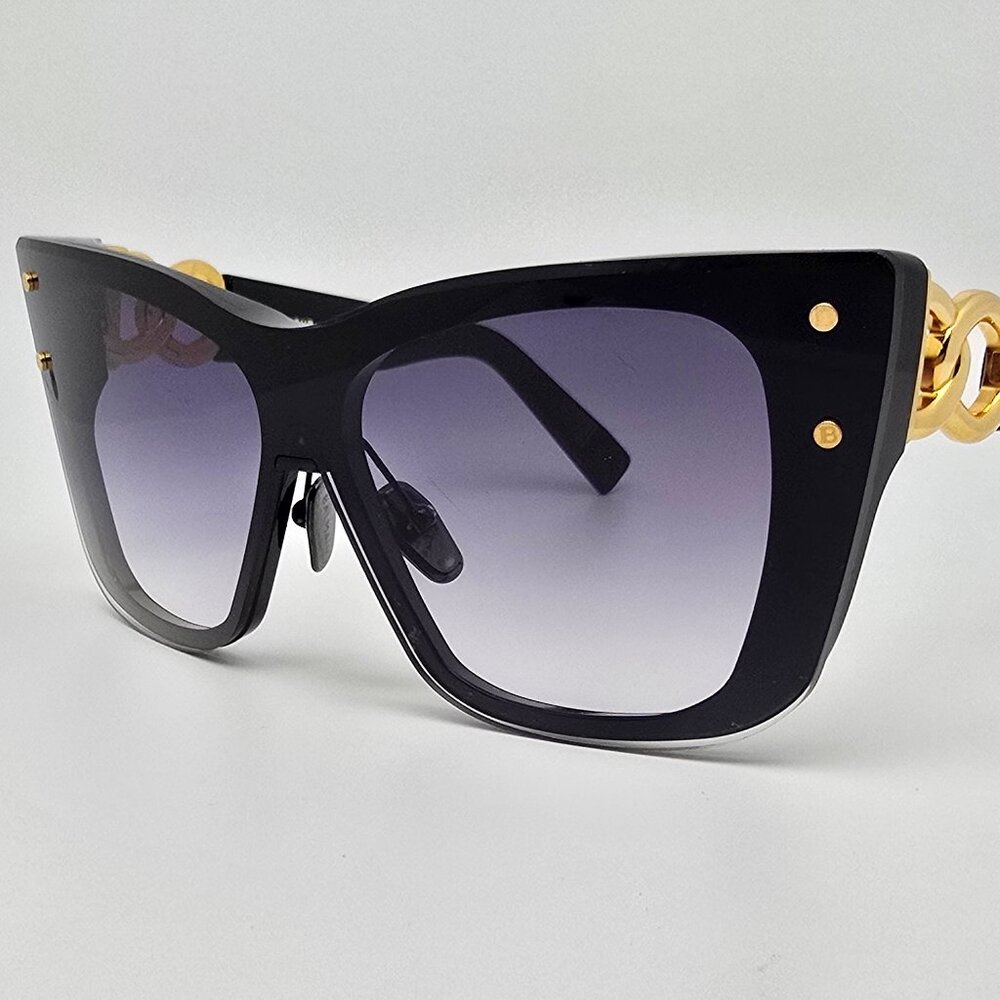 Balmain Armour BPS-106A-150 Black Gold Frame Grey Lens Cat Eye Shield Sunglasses